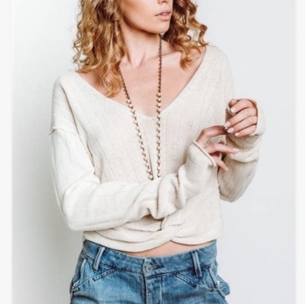 Free People Size Large Sweater Top Knot Front Springtime Layering Cream